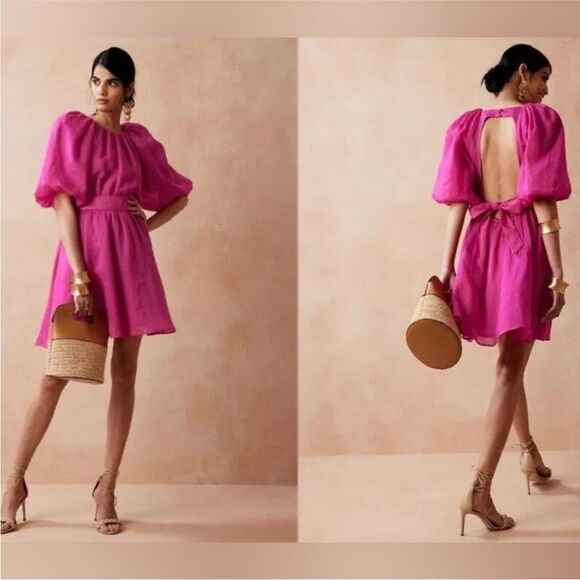 BANANA REPUBLIC Open Back Puff Sleeve Dress Pink - Picture 1 of 16